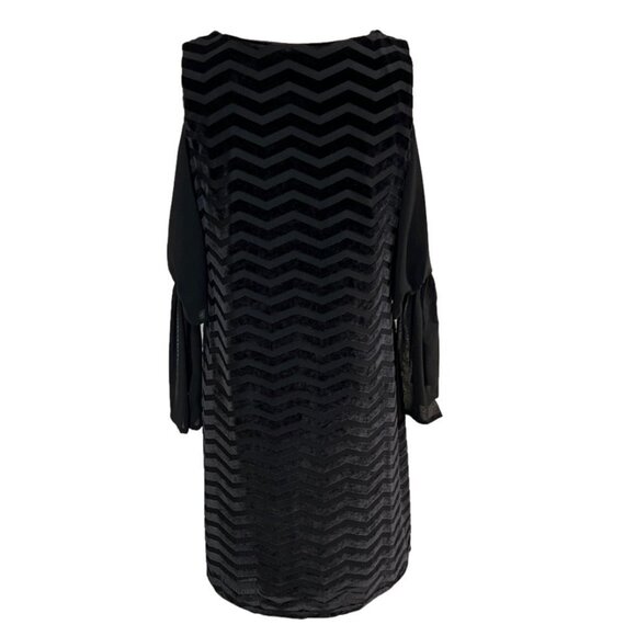 Women's Taylor Black Cold Shoulder Velvet Striped Chiffon Sleeve Dress, Size 8 - Picture 4 of 8